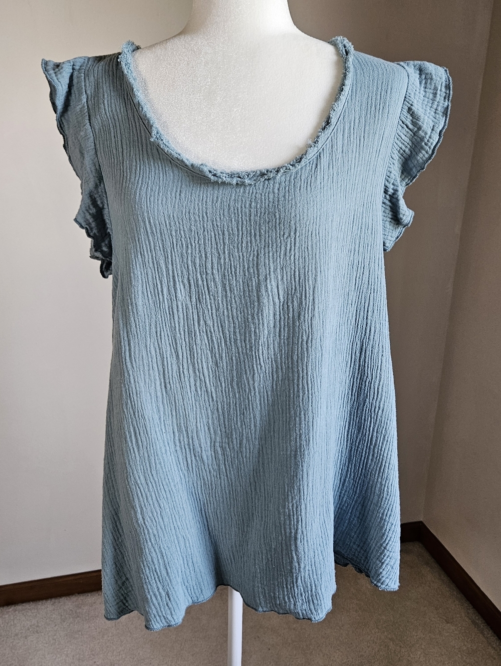 Pol Flutter Sleeve Top Raw Neck Hem Blue 100% Cotton Coastal Beachy M